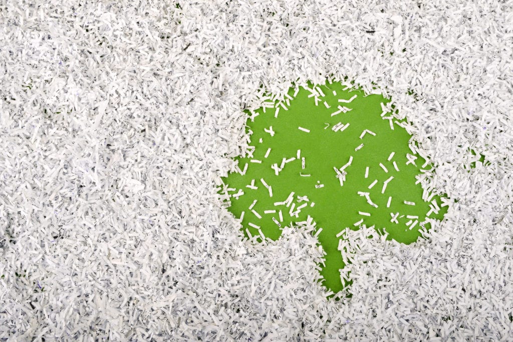 simple green tree symbol made inside big heap of shredded paper